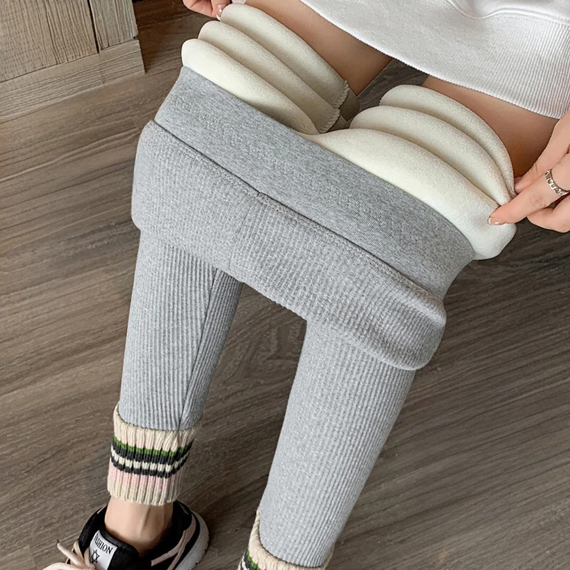 2025 Contrast Color Patchwork Winter Leggings Women Out Wear Casual Ribbed Fleece Leggings Korean Stretch Tight Leggings Woman