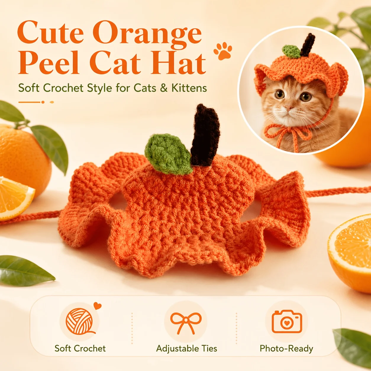 Cute Orange Peel Cat Hat, Soft Crochet Citrus Costume with Adjustable Ties, Funny Photo Prop for Cats And Kittens view 2