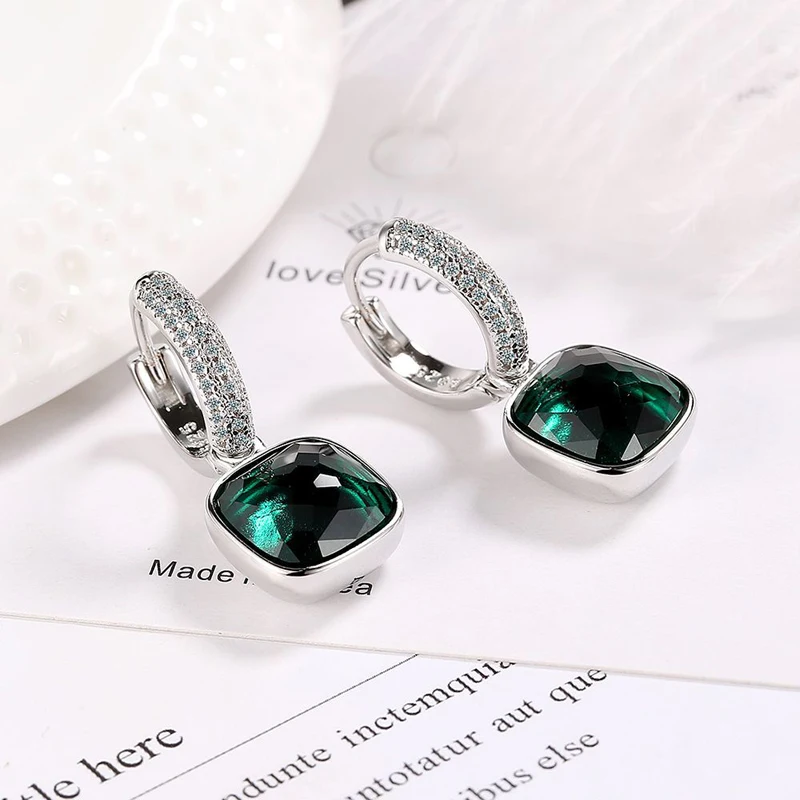 KOFSAC Occident Crystal Geometric Square Ear Buckle Simple Light Luxury 925 Sterling Silver Earrings High Quality Jewelry Gifts