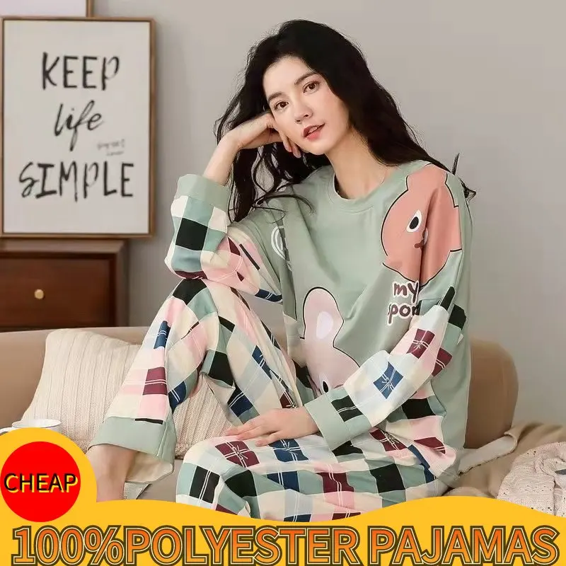 Spring Autumn Womens Polyester Pajamas Plaid Cartoon Sleepwear Long Set Home Service Women\'s Loose Casual Suit Large Size 5XL