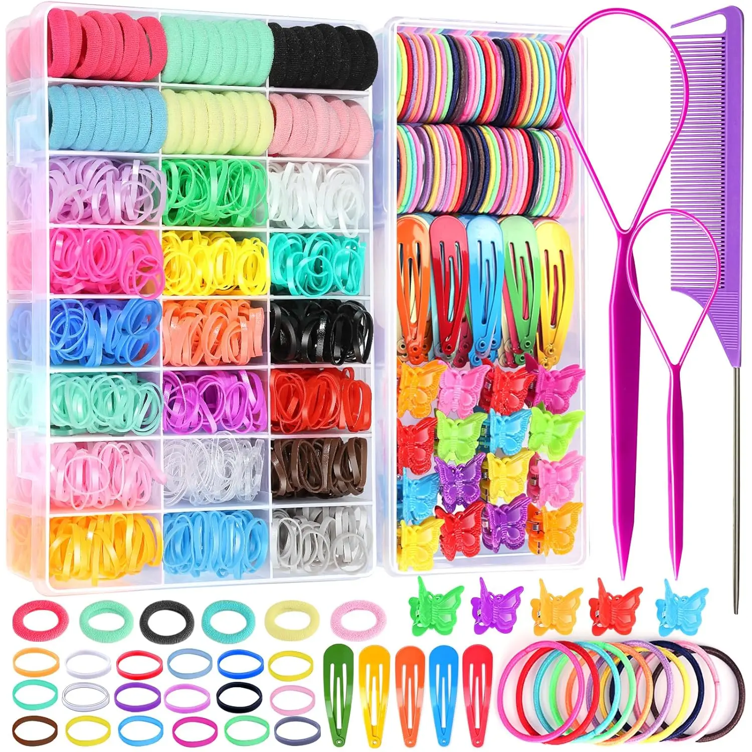 

Hair Accessories Set with 1500 Rubber Bands, Cotton Ties, Clips & Organizer Box for Girls Toddlers