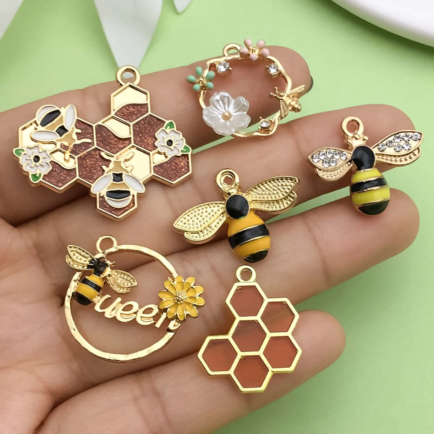 10/12pcs Enamel Bee, Flower, Honeycomb Charms Alloy Insect, Plant Pendants for DIY Bracelet Necklace Jewelry Making Accessories