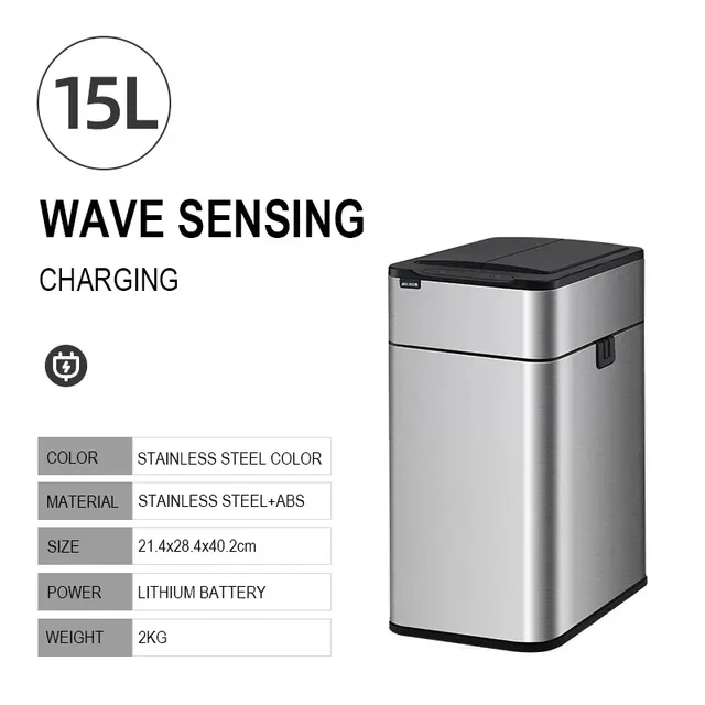 

2025 Smart Trash Can 15 Liters Large Capacity Wastebasket Stainless Steel Kitchen Garbage Bin Automatic Sensor Trash Bin