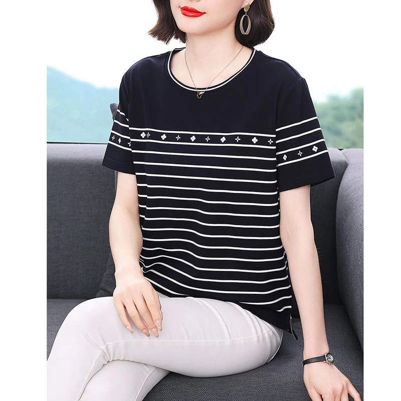 Women\'s Fashion Simple Striped Print Short Sleeve Basic T-shirts 2024 New Summer Casual O Neck Loose Pullover Tops Ropa De Mujer