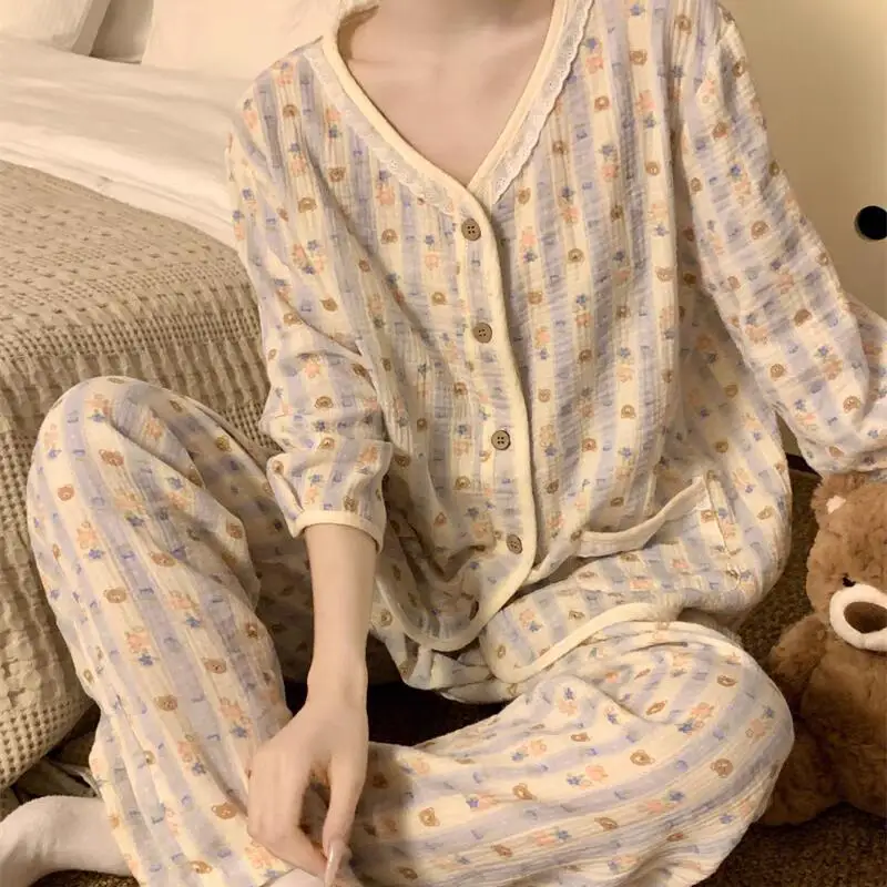 

Популярные пижамные комплекты для молодых девушек, тонкая одежда принцессы с длинными рукавами и кружевными краями для отдыха, весенне-осенняя домашняя одежда, верхняя одежда, подарок для девочек