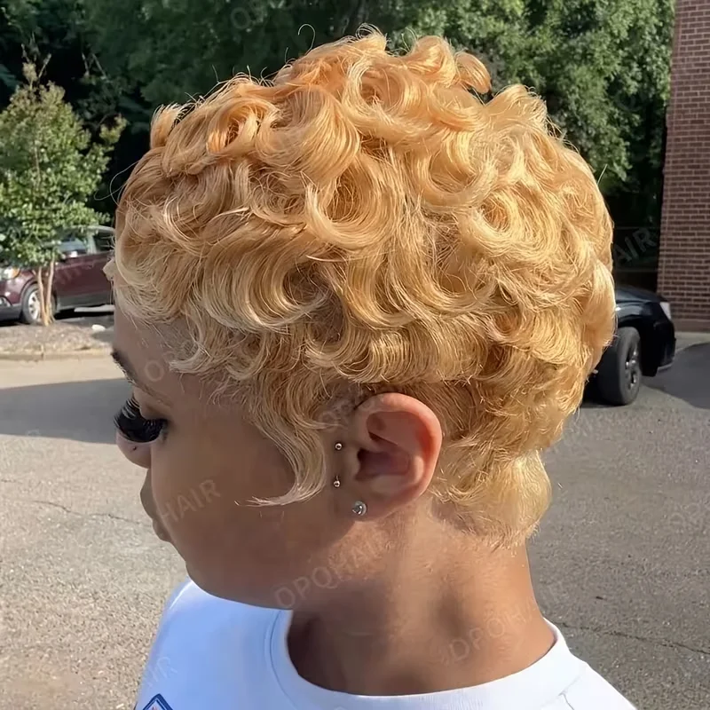 Pixie Cut Human Hair Wig 27# Brazilian Virgin Human Hair Wig Pixie Cut Wig with Bangs Glueless Layered Wig Full Machine Made