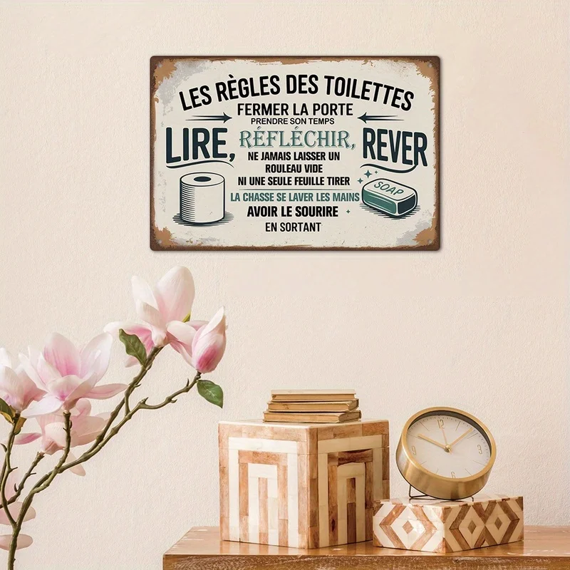 Vintage Metal Wall Sign French Bathroom Rules, Funny Toilet Paper Decor, Distressed Finish, Ideal Housewarming Gift for Home