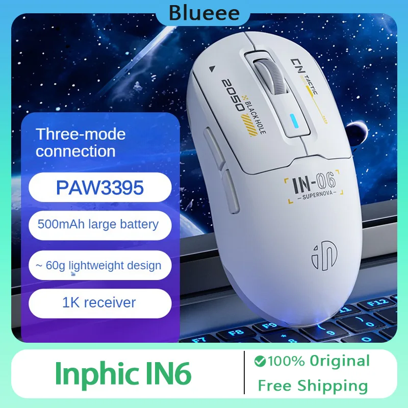 

Беспроводная Bluetooth-мышь Inphic IN6, легкая игровая эргономичная мышь PAW3395 с тремя режимами работы, с низкой задержкой, для офиса