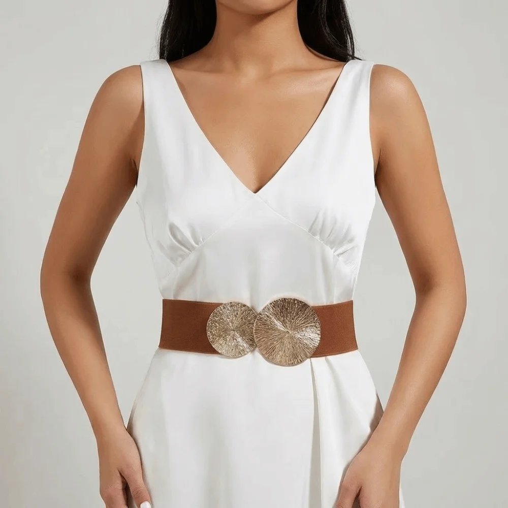 

Double Circle Elastic Cummerbunds Metal Round Buckle Korean Style Waist Corset Belts Alloy Stretch Waistband Wide Belt Women