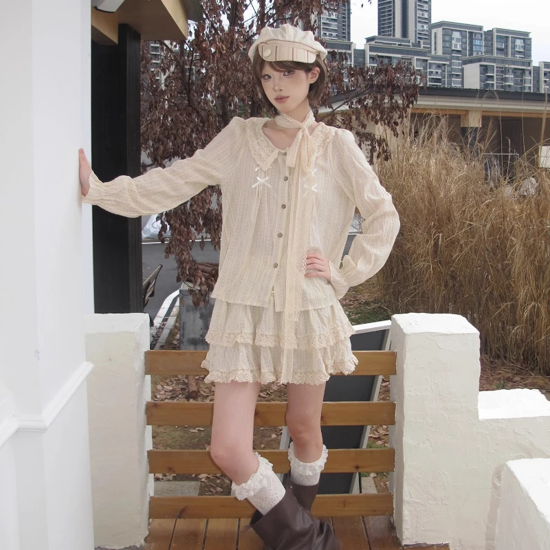 American Retro Apricot Sweet Bow Doll Collar Women's Top Autumn New Loose Slimming Versatile Temperament Short Skirt Set Ladies