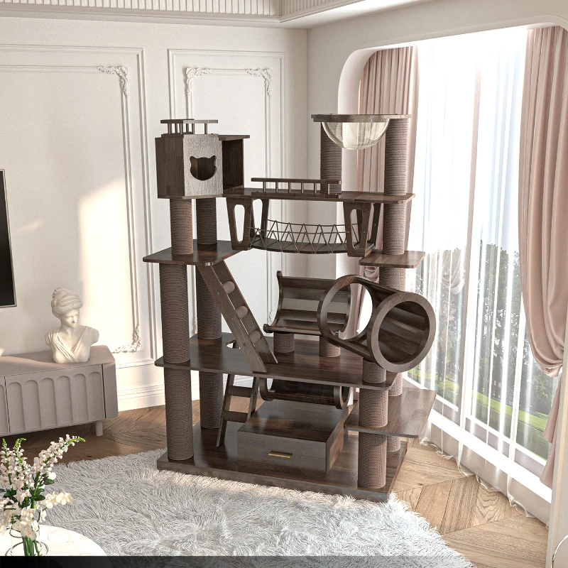 

Large solid wood cat climbing frame cat nest castle lacquered black walnut color