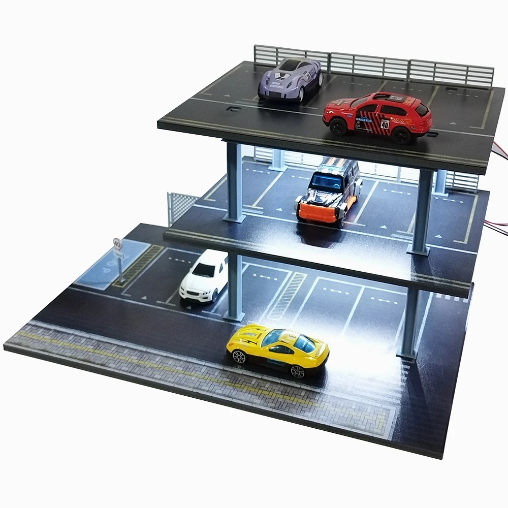 1/64 Scale LED Illuminated Car Garage Diorama Model Realistic Display Scene with Miniature Car Models Garage Collector Set