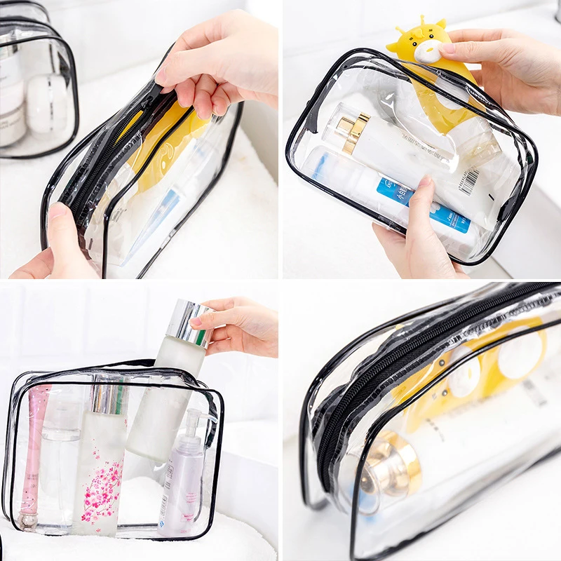 Trousse à cosmétiques transparente en PVC pour femme, sac de rangement de maquillage, sac à fermeture éclair étanche, trousse de toilette de voyage portable