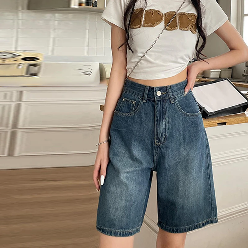 

Fashion High Waist Washed Denim Straight Leg Pants Casual Retro American Loose Riding Shorts Jeans