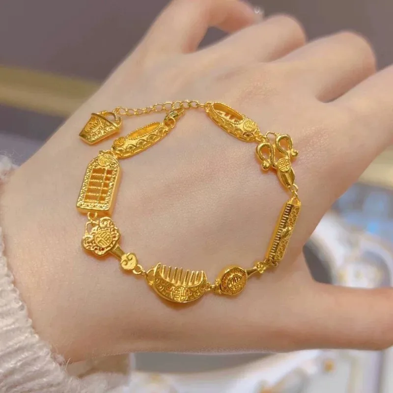 

Women's 24K Gold Full Blessing Heirloom Bracelet, AU999 | Zircon-accented stroke tips, glamorous statement of opulent legacy.