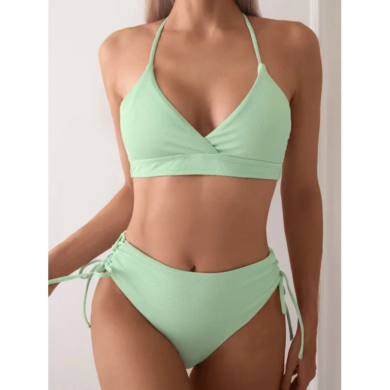 Cikini-Bikini-Set mit V-Ausschnitt für Damen, sexy Badeanzug, Schnürung, dreieckige Bikinis, einfarbig, Strandbadebekleidung, Badeanzug