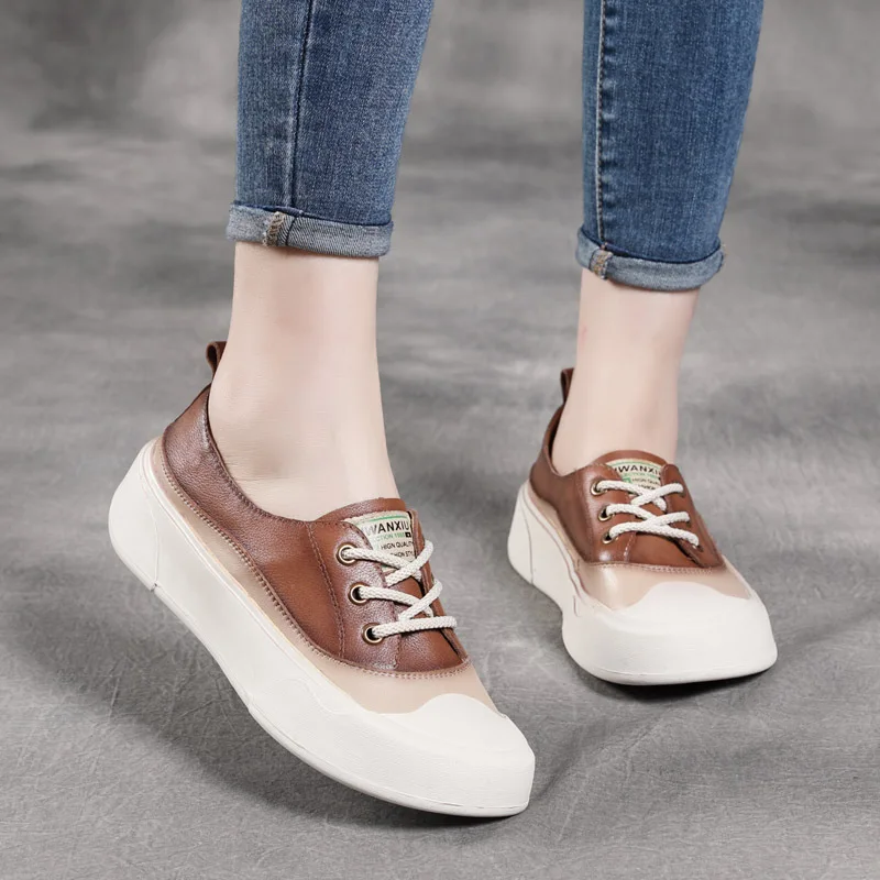 Jishuxia New Casual Retro First Layer Cowhide Platform  Mid-Mouth Leather   Flat Soft Bottom