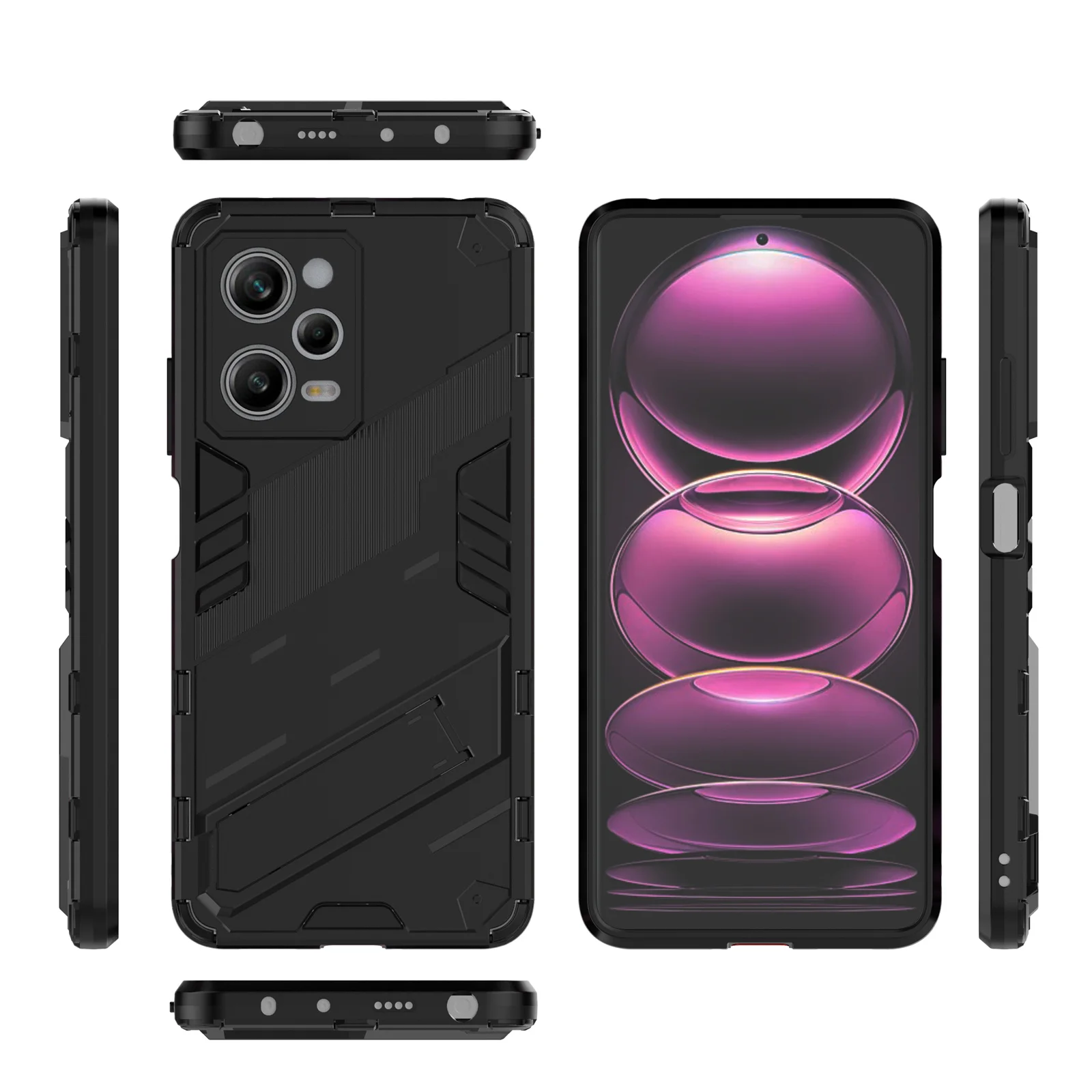 Picture 6: For Xiaomi Redmi Note 12 Pro 5G Hard PC+Soft TPU Kickstand Case Anti-scratch Mobile Phone Cover - Black