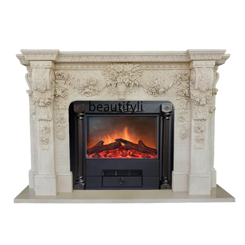 

A White marble European rich flower fireplace home improvement living room stone background wall French mantel