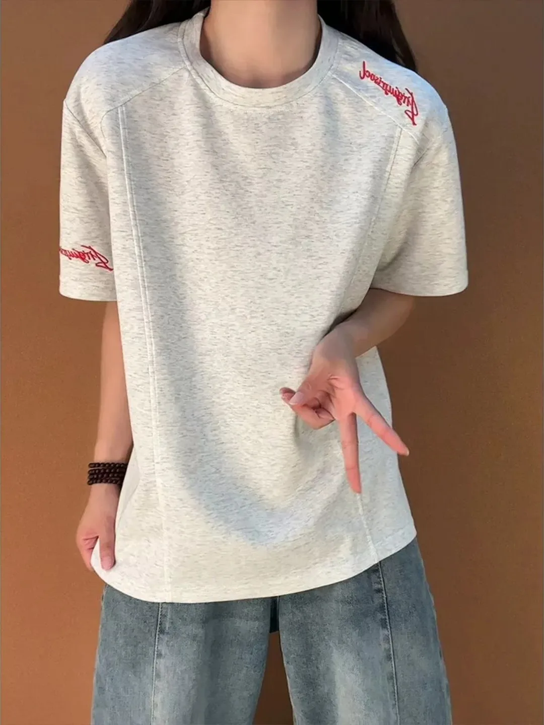American Deconstructed Patchwork Embroidered T-Shirt Men Summer Youth Style Trendy Brand Short Sleeve Heavyweight Boxy Sport ...