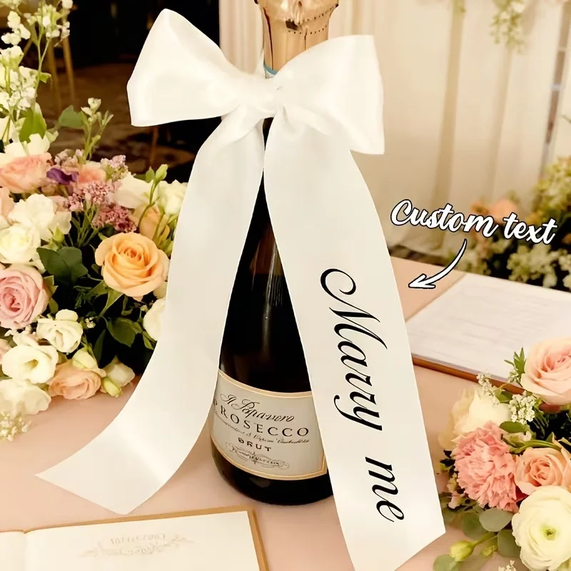 Custom Decorative Ribbon Personalized Satin Bow with Text White Wedding Proposal Party Decor Wine Glass Ties Gift Wrap Streamers