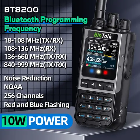 BinTolk BT8200 워키 토키 10W 장거리 풀 밴드 무선 블루투스 프로그래밍 유형-c 충전기 소음 감소 CB Ham Radio