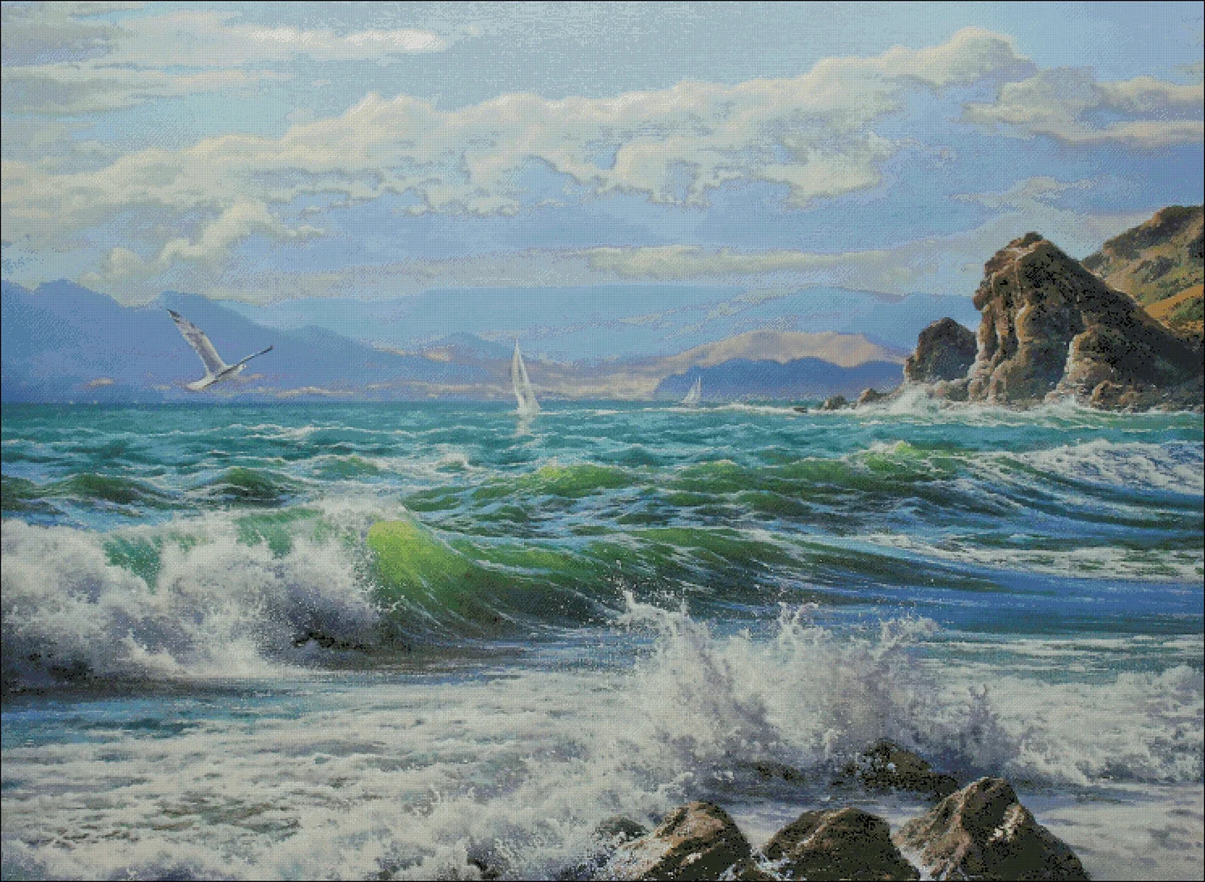 [ZZ3982-Rough Waves] Stamped Cross Stitch Kit 14/16CT Pre Printed Canvas Cotton Thread Embroidery Needlework for Home Wall Decor