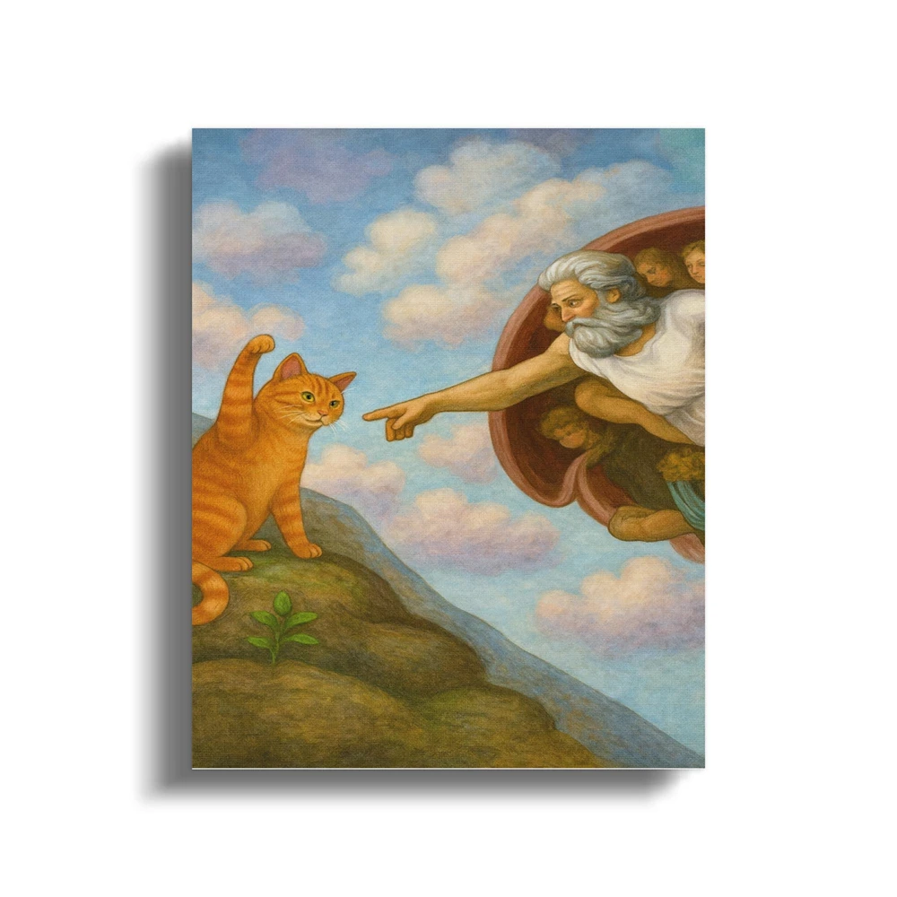 Funny Cat Poster Print Poster Michelangelo Parody Art Canvas Painting Golden Feline Embrace Klimt Style Cat Canvas Prints