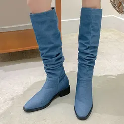 Western Denim Jeans Blue Pleated Mid-calf Women Boots Plus Size 44 45 46 Goth Cowboy Boot Winter Warm Female Shoes Square Heels