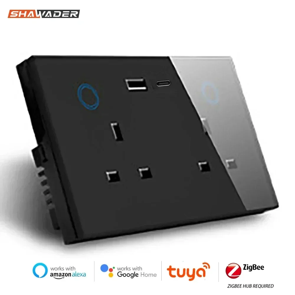 

Shawader Zigbee Smart Tuya USB PD 20 Вт Тип C Зарядная настенная розетка Британская розетка Сенсорный переключатель Беспроводной пульт дистанционного управления от Alexa Google Home