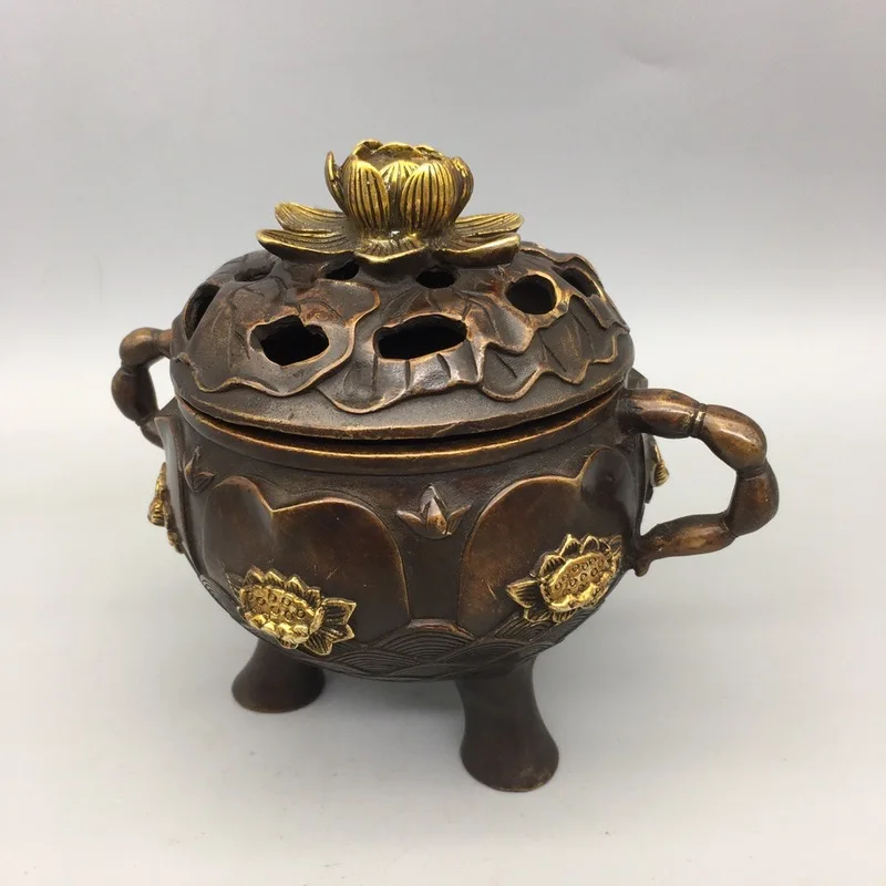 Antique Bronze Collection: Gilt Brass Three-Legged Double-Eared Lotus Incense Burner with Lotus Leaf Design, Home Decor Craft Or
