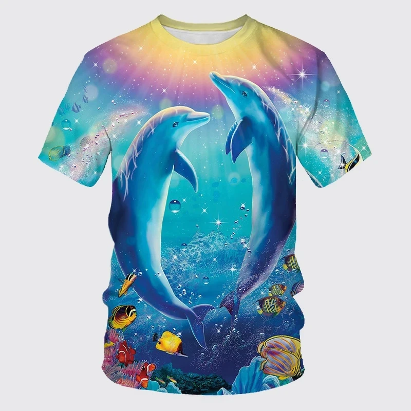 Summer New Cute Dolphin Pattern Men's Printed T-shirt Street Popular Harajuku Round Neck Plus Size Fashion Top Short Sleeve image 3