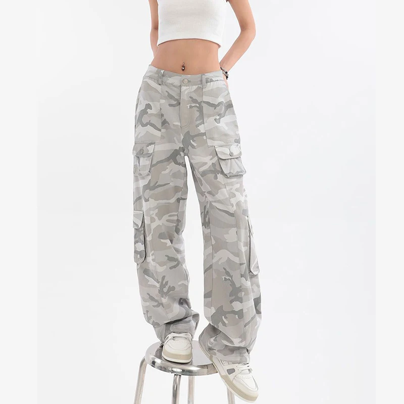 Female Hip Hop Grey Camouflage Cargo Pants American Style Y2K Oversized Loose Straight Wide Leg Pants Vintage Casual Sweatpants