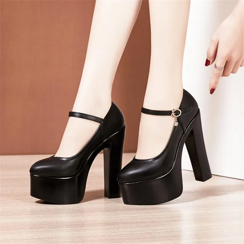 

Женские туфли на высоком каблуке с острым носком, на платформе 15 см, с ремешком на пряжке, большие размеры 33-43, кожаные