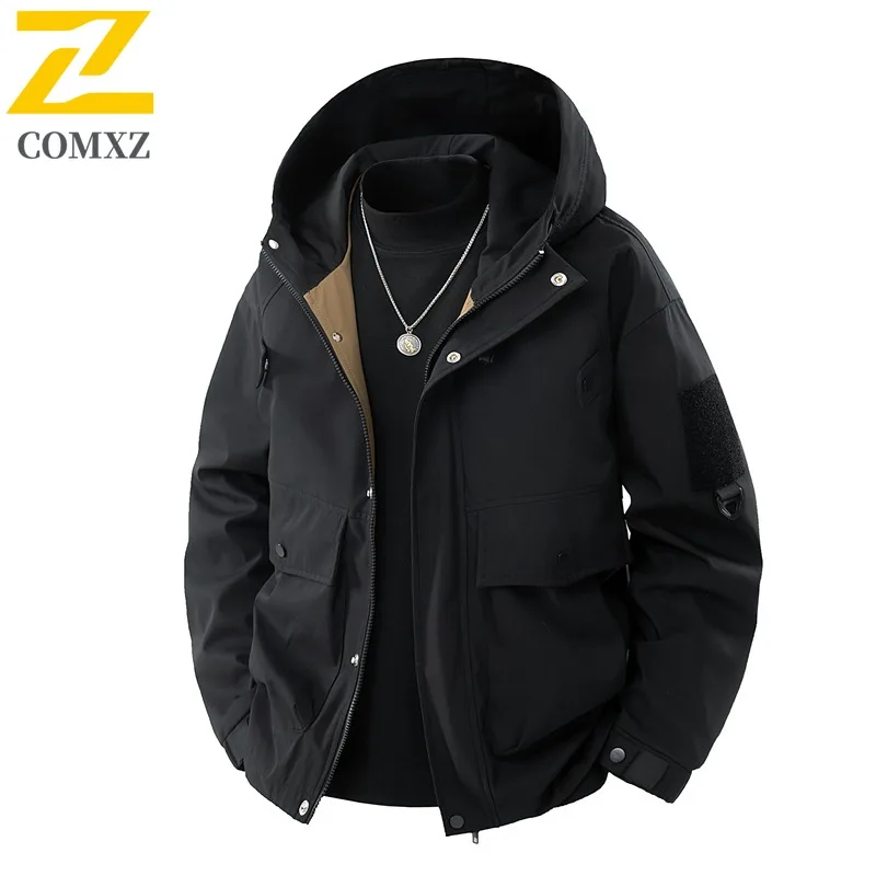 

COMXZ Classic Hooded Men Jacket Outdoor Exploration Wind Resistant Coat Pure Color Design Trip Lightweight Autumn Clothing