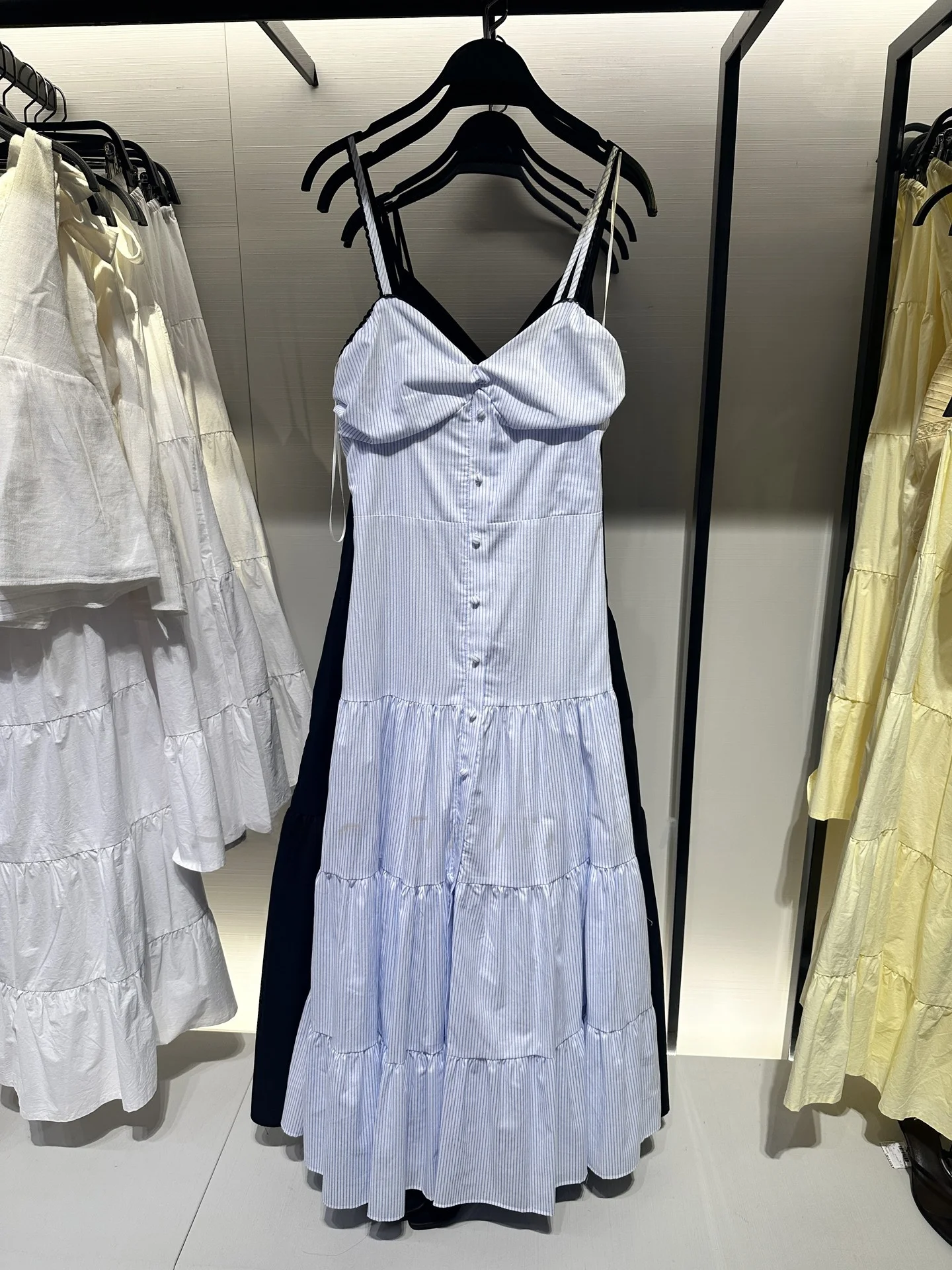 Summer New Women's Midi Dr Striped Svel ter Ne Gingham Trim Color Blo Casual V-Ne Single Button Closure Lon...