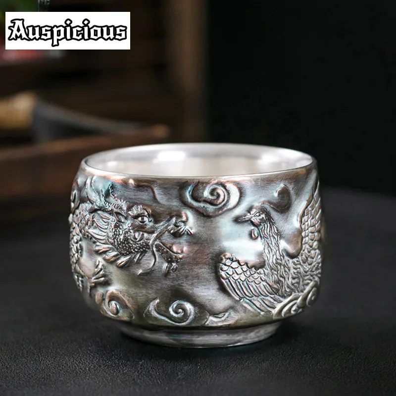 210ml Creative Dragon And Phoenix Master Cup Boutique Gilt Silver Teacup Tasting Mug Zen Tea-calix Fragrance Cup Tea Services