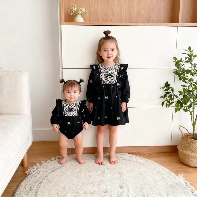 Neue Schwestern Baby Mädchen Gestickte Kleid Strampler Schwestern Spitze Bogen Kleidung Kinder Mädchen Blume Prinzessin Kleid Familie Kleidung Strampler