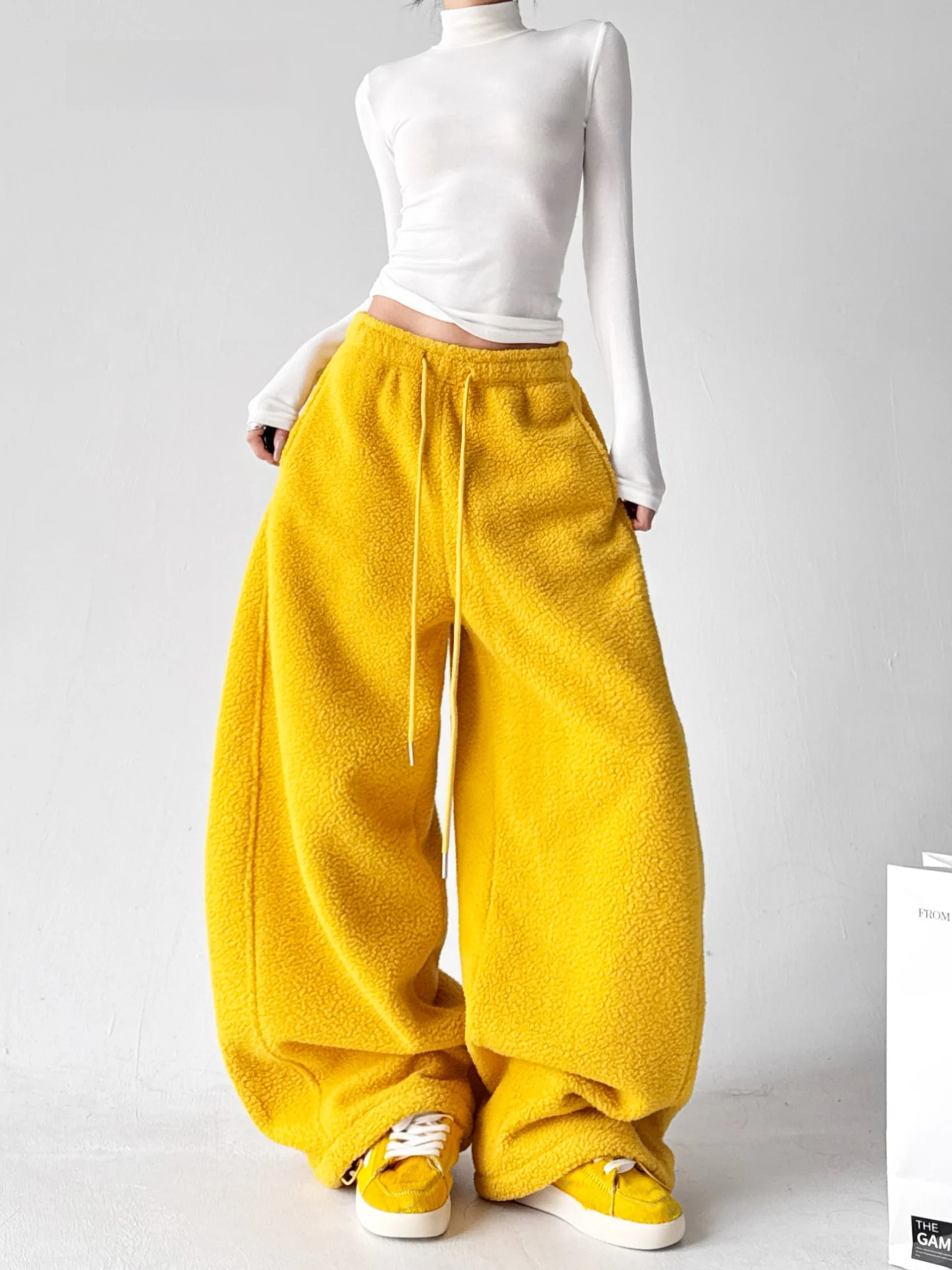 

Korean Sle Wide Leg Pants Women's Casual Loose Fce Dstring Sports Trousers Autumn Winter New Arrival Yellow Color