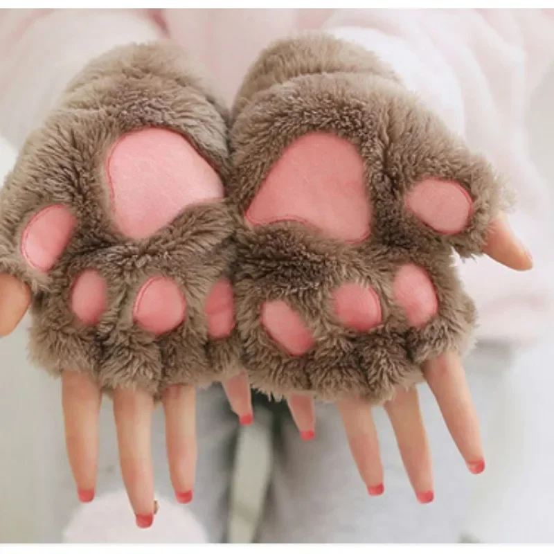 

Women Cartoon Cat Claw Gloves Thicken Fingerless Plush Bears Warm Cute Thick Fleece Bear Paw Fingers Half Winter Mittens Gloves