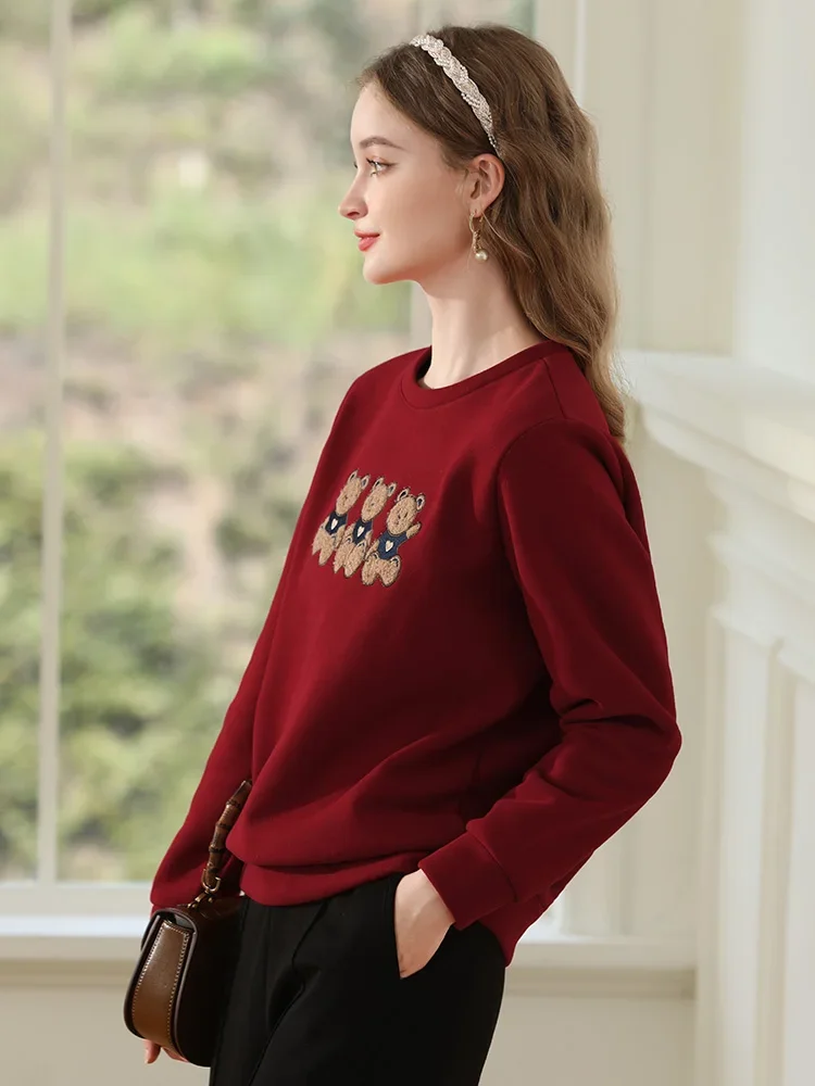 I BELIEVE YOU Loose Hoodies for Women Red Plus Fleece Thickened Bear Trendy Crewneck 2023 Winter New Cozy Pullover 2234195432