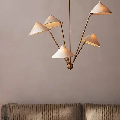 

Vintage Beige Shade Chandelier Antiques Pendant Light 5 Heads Fabric Lampshade Brass Hanging Lamp
