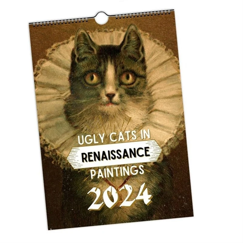 Calendrier mural drôle de chat de la Renaissance, calendrier mural frontal, calendriers de chat de 12 mois, durable en 2024,2024