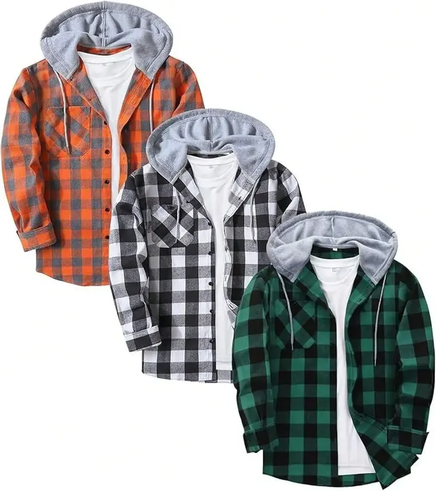Mens Flannel Hooded Shirt Casual Vintage Plaid