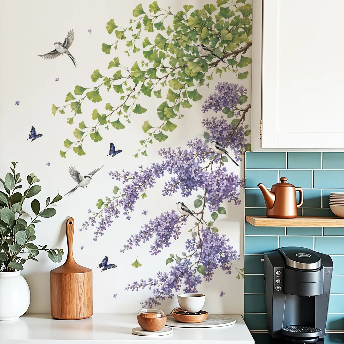Plant Leaves Bird Vine Flower Wall Mural Sticker Removable Self‑Adhesive Wall Decal for Background Home Interior Decor