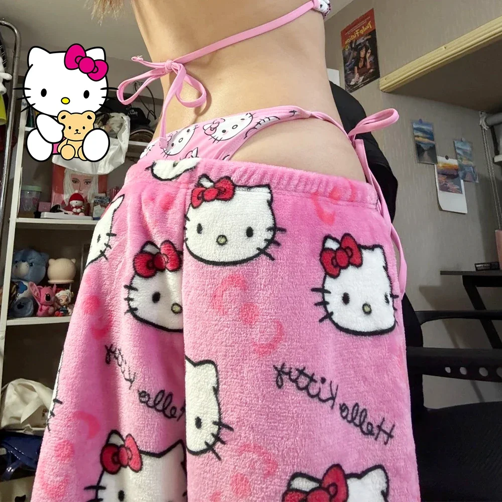 Sanrioed Hello Kitty Пижамные штаны Аниме Kawaii Брюки Женщины Осень Зима Kt Plus Бархатные теплые штаны Досуг Домашняя мода