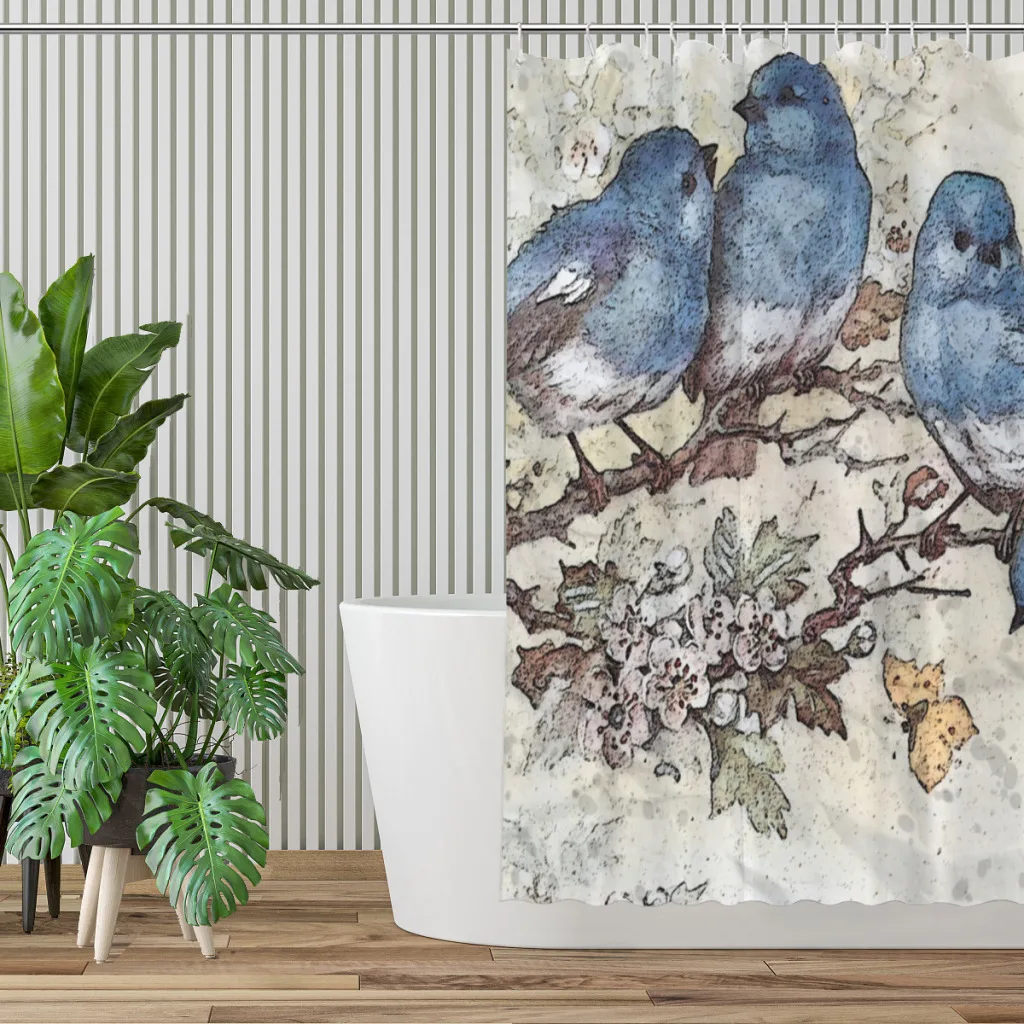 Blue Birds Blossom Flowers Bathroom Shower Curtains Pet Lover Waterproof Partition Unique Home Decor Bathroom Accessories