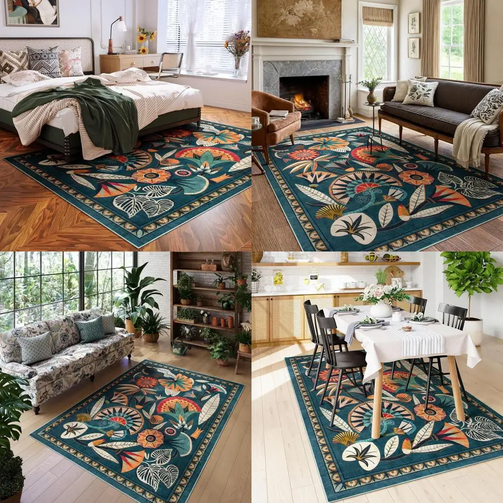 

Зеленый богемный коврик, 5x7 для гостиной/спальни, моющийся, нескользящий, цветочный дизайн для столовой/офиса, подходит для паркетного пола