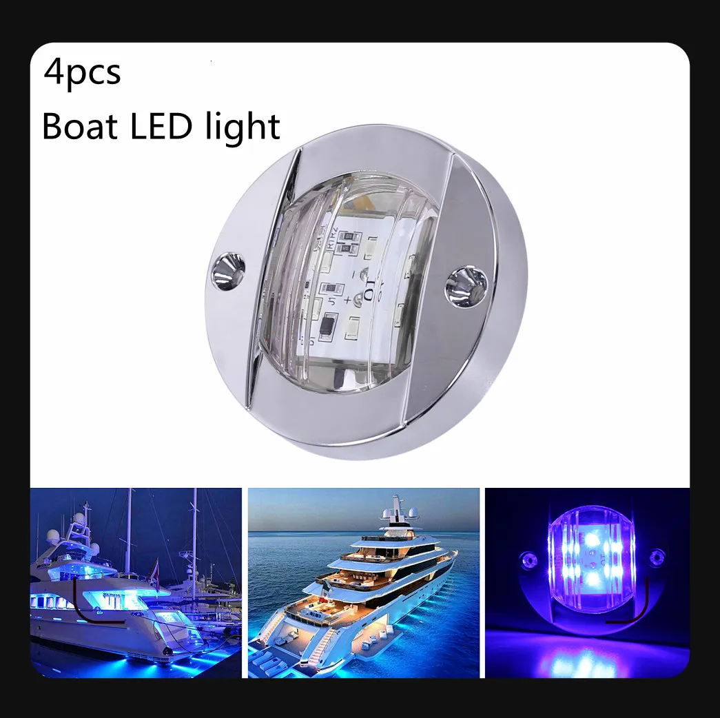 4Pcs DC 12V Boat Transom LED Stern Light Round Cold White LED Tail Lamp Marine Yacht Accessories Blue Waterproof 6-LED Lights