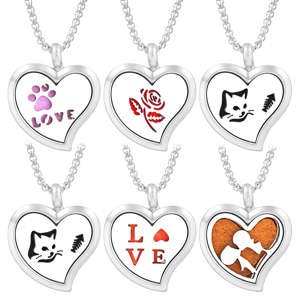 Heart Shape Aromatherapy Diffuser Necklace Women Perfume Locket Jewelry Flower Cat Tree of Life Essential Oil Diffuser Pendants